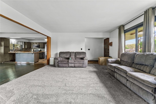 living room with dark carpet and dark wood finished floors