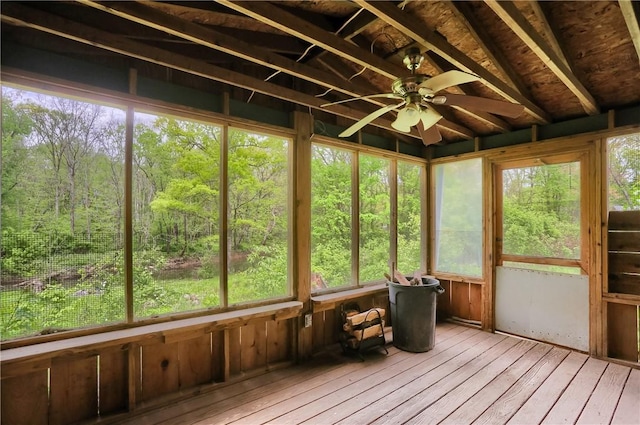 138 Bovard Ln, Cherry Twp, PA 16020 - sunroom / solarium with ceiling fan, hardwood / wood-style floors, and a forest view