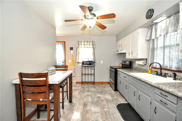 525 Joffre Bulger Rd, Smith, PA 15021 - kitchen with electric range, a sink, under cabinet range hood, ceiling fan, and light wood-type flooring