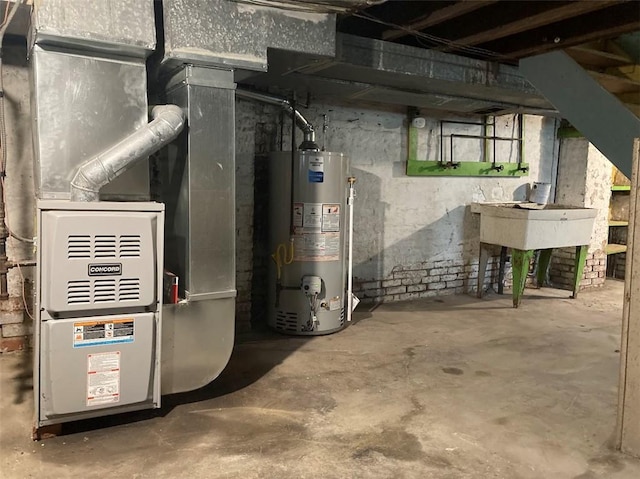 unfinished basement featuring gas water heater and heating unit