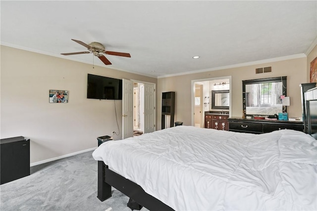 228 Meadowfield Ln, Jefferson Hills, PA 15025 - carpeted bedroom featuring crown molding, baseboards, ceiling fan, recessed lighting, and ensuite bath