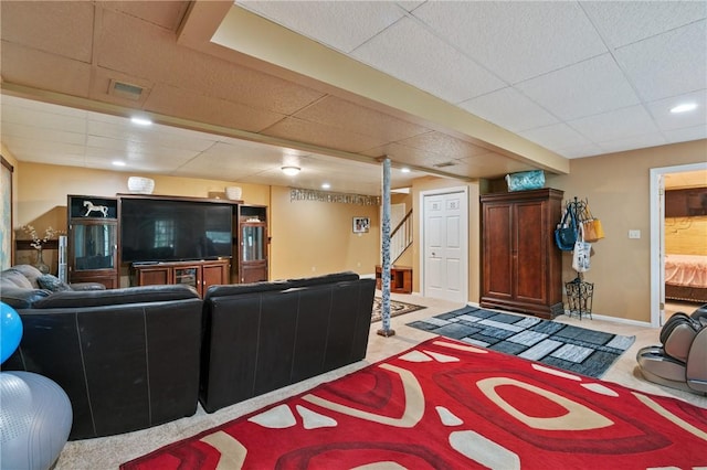 228 Meadowfield Ln, Jefferson Hills, PA 15025 - living area featuring a drop ceiling, carpet flooring, stairs, baseboards, and recessed lighting