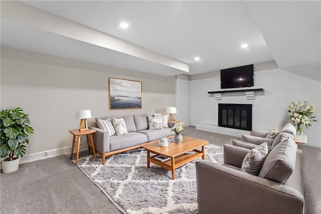5056 Don St, Finleyville, PA 15332 - carpeted living room featuring a glass covered fireplace, baseboards, and recessed lighting