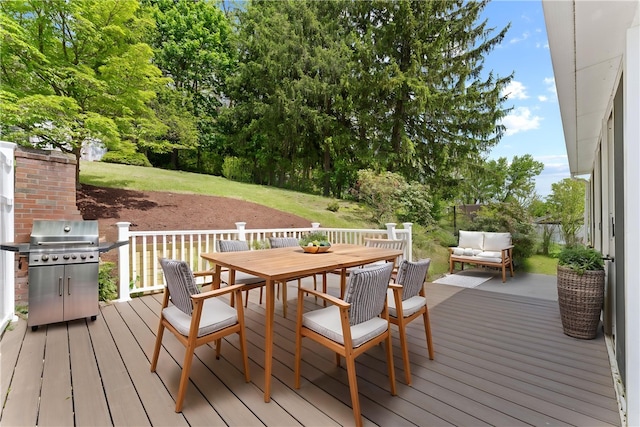 5056 Don St, Finleyville, PA 15332 - wooden deck featuring outdoor dining space, grilling area, and view of scattered trees