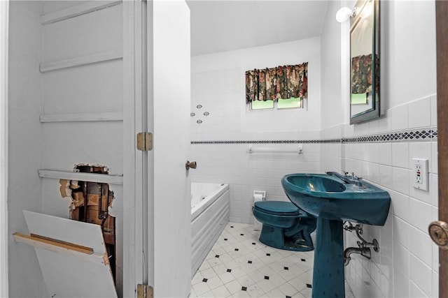 3735 Lyndell St, Castle Shannon, PA 15234 - full bath with toilet, a bath, tile patterned flooring, tile walls, and wainscoting