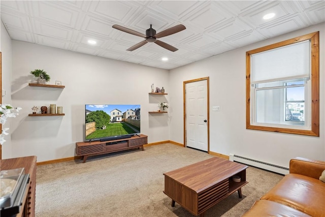living area featuring a baseboard radiator, recessed lighting, a ceiling fan, baseboards, and carpet