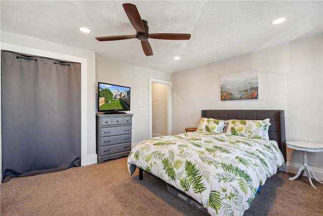 bedroom with carpet floors, recessed lighting, and ceiling fan