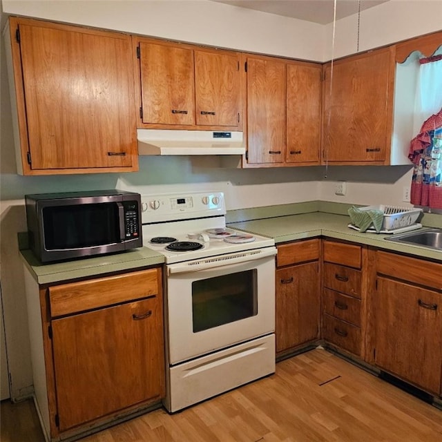 148 James St, Chippewa Twp, PA 15010 - kitchen featuring stainless steel microwave, under cabinet range hood, white range with electric stovetop, light wood-style floors, and brown cabinets