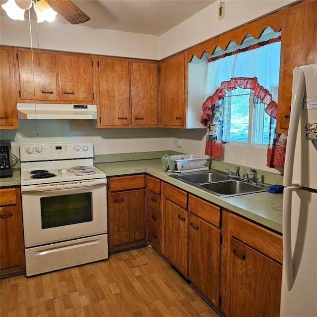 148 James St, Chippewa Twp, PA 15010 - kitchen with white appliances, under cabinet range hood, a sink, and light countertops