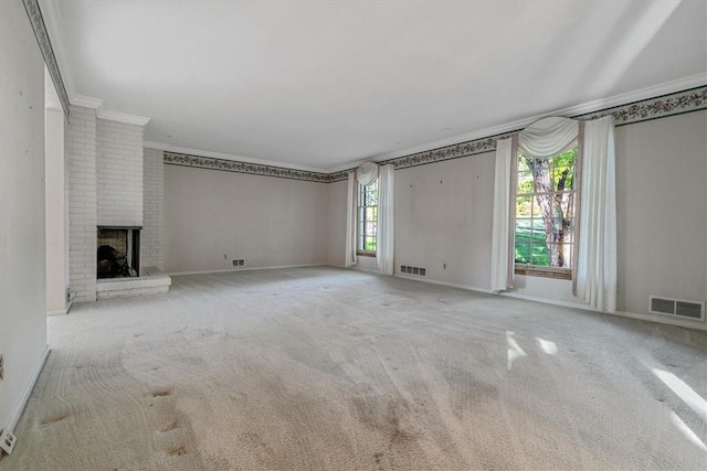 2652 Thorntree Dr, Upper St Clair, PA 15241 - unfurnished living room with ornamental molding, carpet floors, a brick fireplace, and baseboards