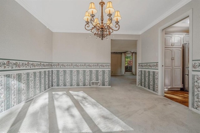 2652 Thorntree Dr, Upper St Clair, PA 15241 - carpeted empty room with a chandelier, crown molding, wainscoting, and wallpapered walls