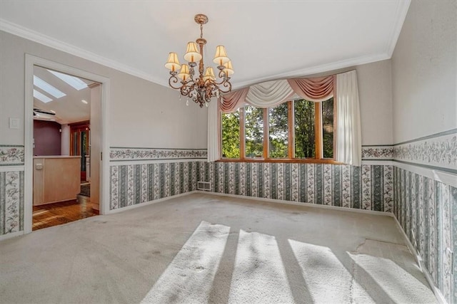 2652 Thorntree Dr, Upper St Clair, PA 15241 - unfurnished dining area with wallpapered walls, carpet floors, a chandelier, and ornamental molding