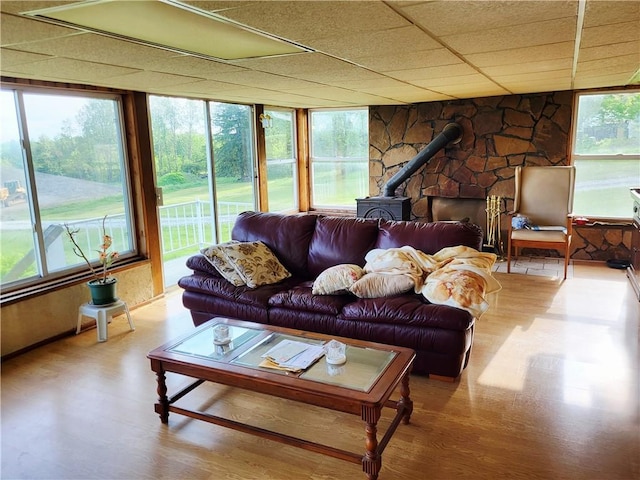 living area with a wood stove, wood finished floors, and healthy amount of natural light