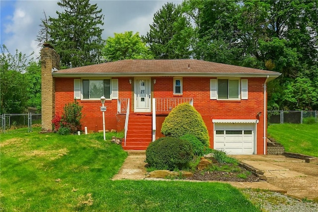 view of front of home featuring concrete driveway, a garage, a chimney, and brick siding