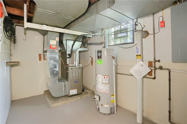 utility room with water heater, heating unit, and electric panel