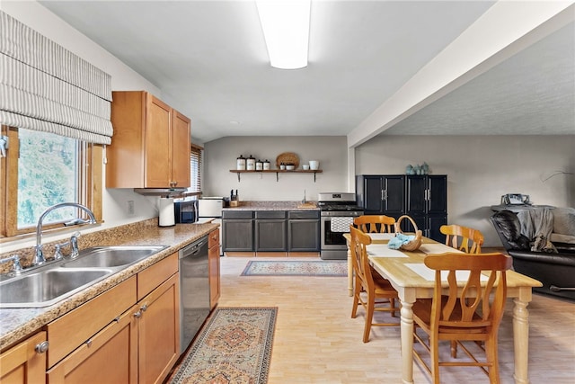 kitchen with appliances with stainless steel finishes, a sink, open shelves, light wood-style flooring, and open floor plan