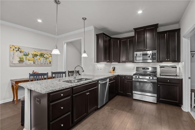 kitchen with stainless steel appliances, a sink, dark wood finished floors, light stone countertops, and tasteful backsplash