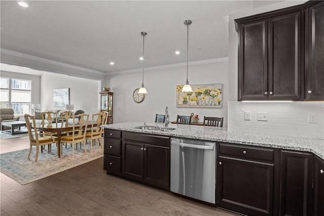 kitchen with stainless steel dishwasher, a sink, a peninsula, crown molding, and dark brown cabinetry