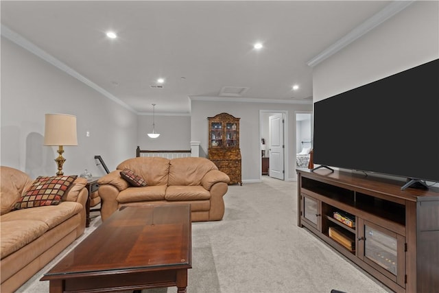 living area with ornamental molding, light colored carpet, recessed lighting, and baseboards