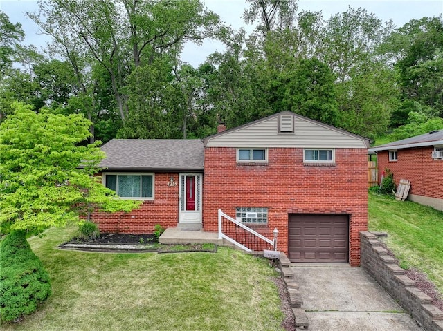 815 Londonderry Dr, Castle Shannon, PA 15234 - split level home featuring an attached garage, concrete driveway, brick siding, a front lawn, and roof with shingles
