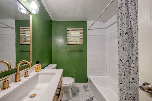 815 Londonderry Dr, Castle Shannon, PA 15234 - bathroom featuring toilet, marble look tiles, vanity, shower / bathtub combination with curtain, and baseboards