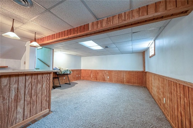 815 Londonderry Dr, Castle Shannon, PA 15234 - bar with a wainscoted wall, a drop ceiling, carpet flooring, wooden walls, and pendant lighting