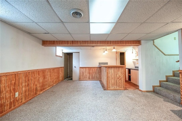 815 Londonderry Dr, Castle Shannon, PA 15234 - indoor bar featuring stairway, carpet flooring, wood walls, and wainscoting