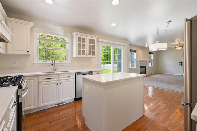 kitchen with a sink, appliances with stainless steel finishes, a center island, open floor plan, and a glass covered fireplace