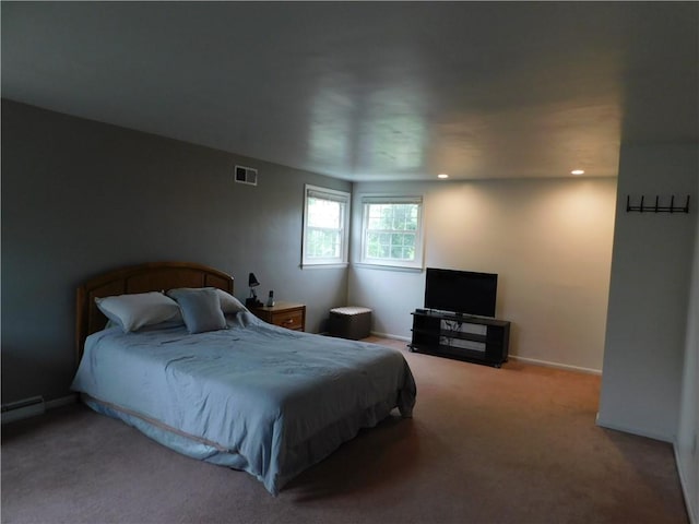 bedroom featuring carpet flooring, recessed lighting, and baseboards