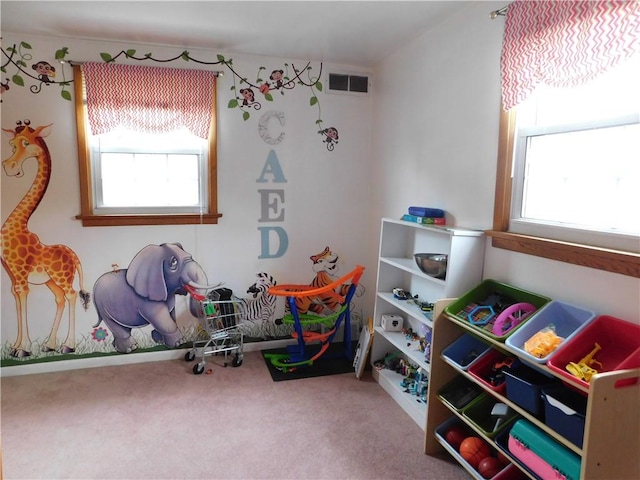rec room featuring plenty of natural light and carpet flooring