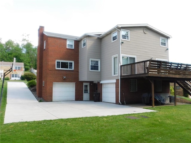 back of house featuring a garage, a deck, brick siding, and stairway