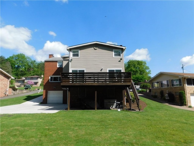 rear view of house with concrete driveway, a lawn, a garage, a deck, and a chimney