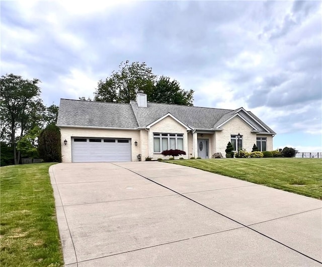 ranch-style house featuring concrete driveway, a garage, a chimney, a front yard, and brick siding