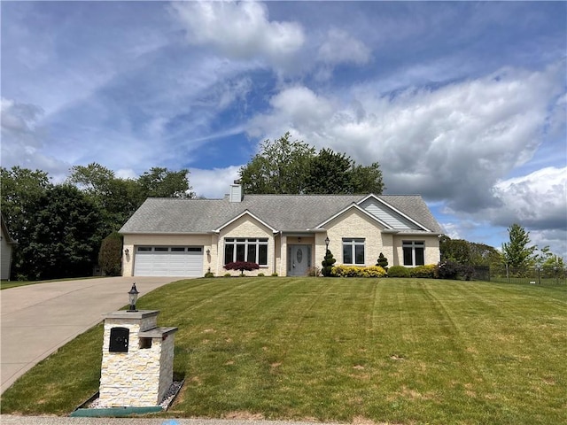 single story home featuring concrete driveway, a garage, a chimney, and brick siding
