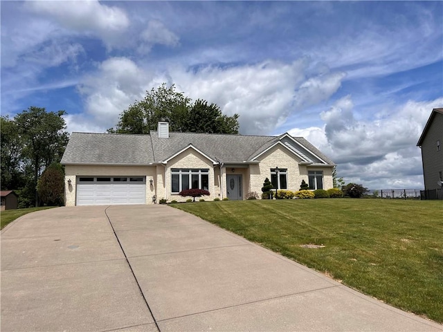 view of front of home featuring driveway, a garage, brick siding, and a chimney
