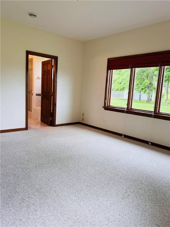 spare room with baseboards and light carpet