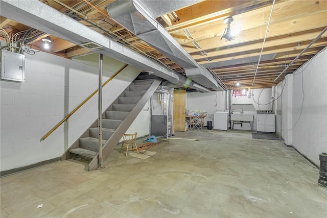 907 3rd St, Baden, PA 15005 - unfinished basement featuring washer and dryer, electric panel, a sink, stairs, and heating unit