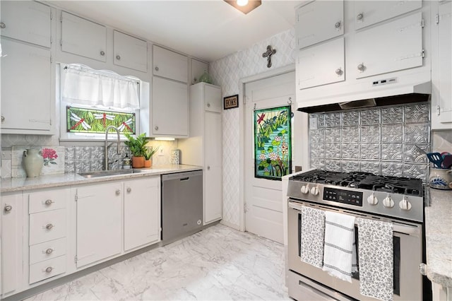 800 4th St, Beaver, PA 15009 - kitchen featuring stainless steel appliances, a sink, under cabinet range hood, light countertops, and light marble finish floors