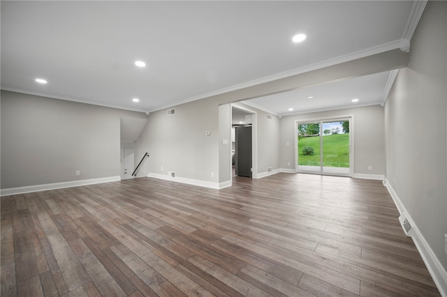 44 Heritage Hills Rd, South Union Twp, PA 15401 - unfurnished living room with wood finished floors, ornamental molding, baseboards, and recessed lighting