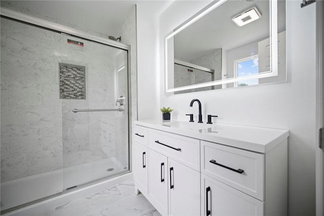 44 Heritage Hills Rd, South Union Twp, PA 15401 - full bath featuring a marble finish shower, marble look tiles, and vanity