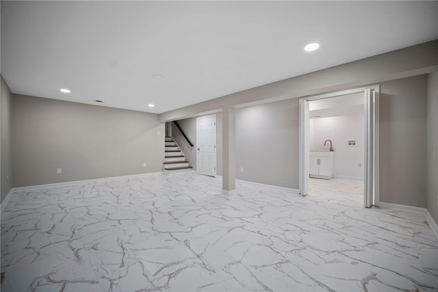 44 Heritage Hills Rd, South Union Twp, PA 15401 - finished basement with light marble finish flooring, recessed lighting, stairs, and baseboards