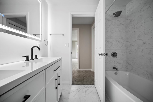 44 Heritage Hills Rd, South Union Twp, PA 15401 - full bathroom featuring tub / shower combination, marble look tiles, double vanity, and baseboards