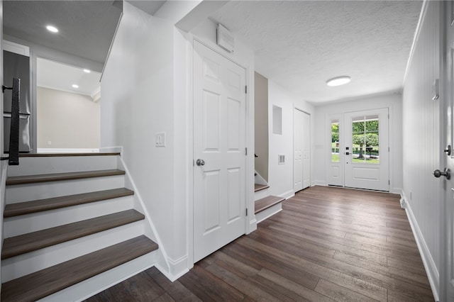 44 Heritage Hills Rd, South Union Twp, PA 15401 - entryway featuring stairs, baseboards, dark wood-style floors, a textured ceiling, and recessed lighting