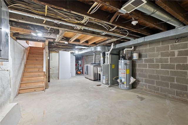 715 Filbert St, Shadyside, PA 15232 - unfinished below grade area with gas water heater, stairway, washing machine and clothes dryer, and heating unit