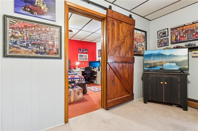 199 Latimer Ave, North Strabane, PA 15363 - hall featuring a paneled ceiling, carpet flooring, a barn door, and a desk