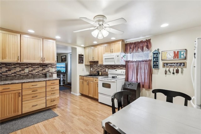 199 Latimer Ave, North Strabane, PA 15363 - kitchen featuring white appliances, a sink, a ceiling fan, tasteful backsplash, and light wood-style flooring