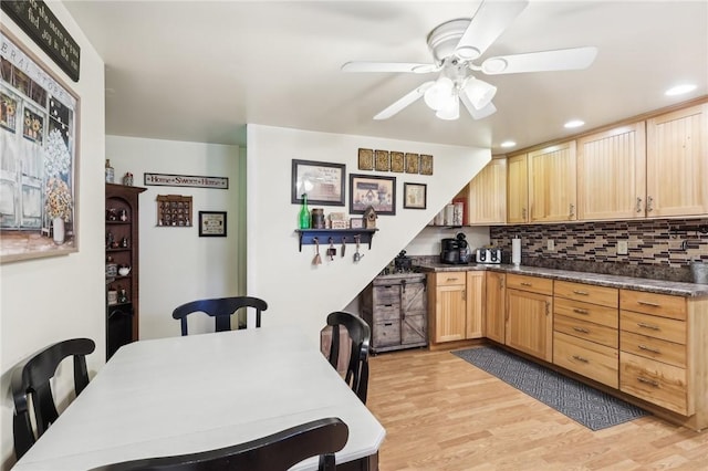 199 Latimer Ave, North Strabane, PA 15363 - kitchen featuring light wood-style flooring, ceiling fan, light brown cabinets, decorative backsplash, and recessed lighting