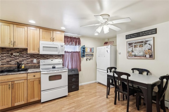 199 Latimer Ave, North Strabane, PA 15363 - kitchen featuring white appliances, a sink, tasteful backsplash, ceiling fan, and light wood-style flooring