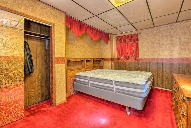 190 W Main St, Donegal Wml, PA 15628 - carpeted bedroom with wallpapered walls, a paneled ceiling, and wainscoting