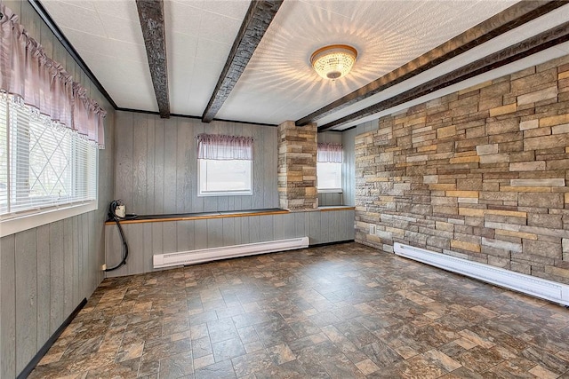 190 W Main St, Donegal Wml, PA 15628 - unfurnished room featuring a baseboard radiator, wood walls, beamed ceiling, and stone finish floors